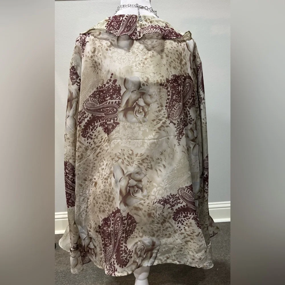 New Selene ruffle chiffon blouse plus tank brown paisley floral print NWT 2X top - Picture 4 of 8